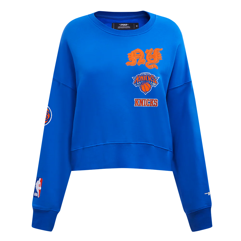 NBA NEW YORK KNICKS OLD ENGLISH WOMEN'S FLC CREWNECK (ROYAL BLUE) - Image 3