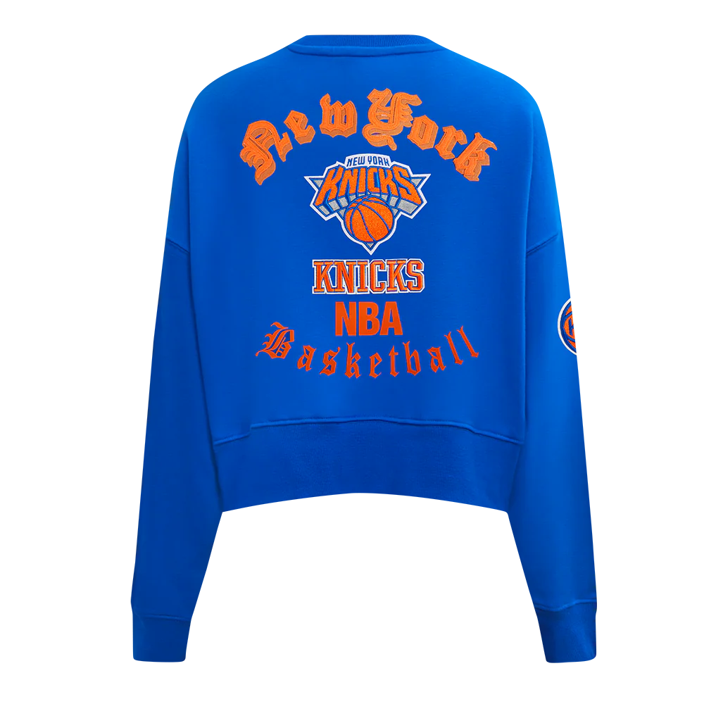 NBA NEW YORK KNICKS OLD ENGLISH WOMEN'S FLC CREWNECK (ROYAL BLUE) - Image 5