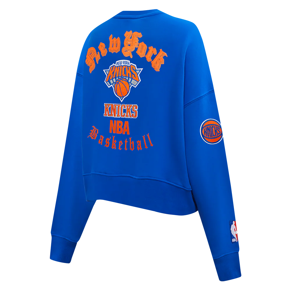 NBA NEW YORK KNICKS OLD ENGLISH WOMEN'S FLC CREWNECK (ROYAL BLUE) - Image 6