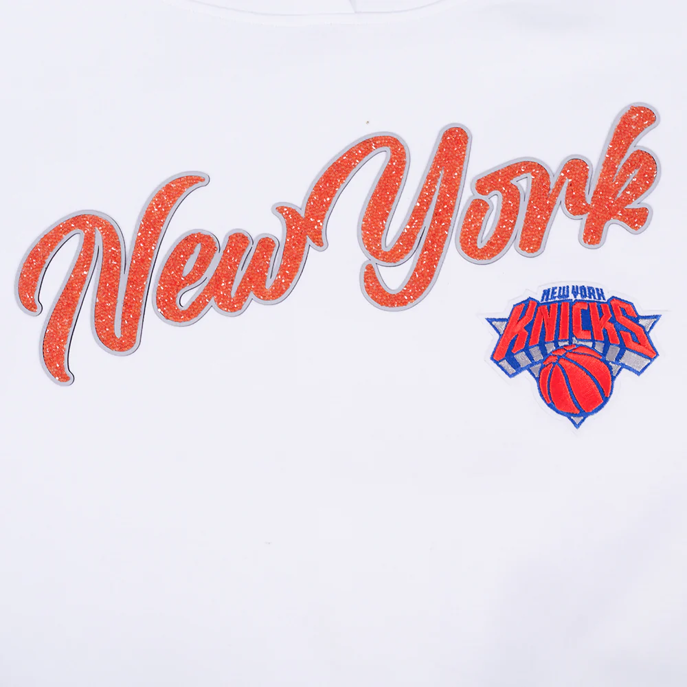 NBA NEW YORK KNICKS TEAM CRYSTALLINE WOMEN'S CROPPED PULLOVER HOODIE (WHITE) - Image 6