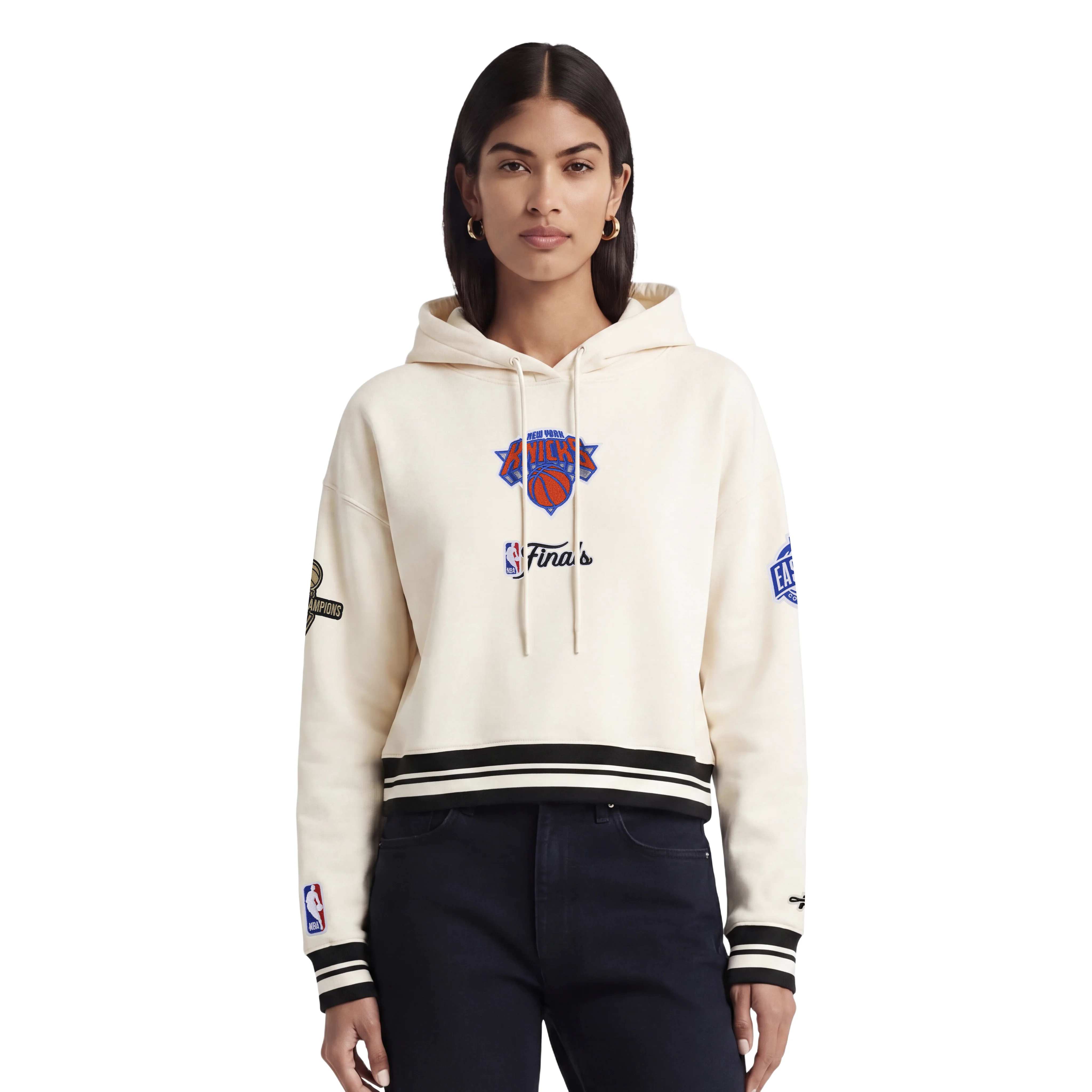 NEW YORK KNICKS 2026 NBA CHAMPIONSHIP WOMEN'S CROPPED PULLOVER HOODIE (EGGSHELL/BLACK)