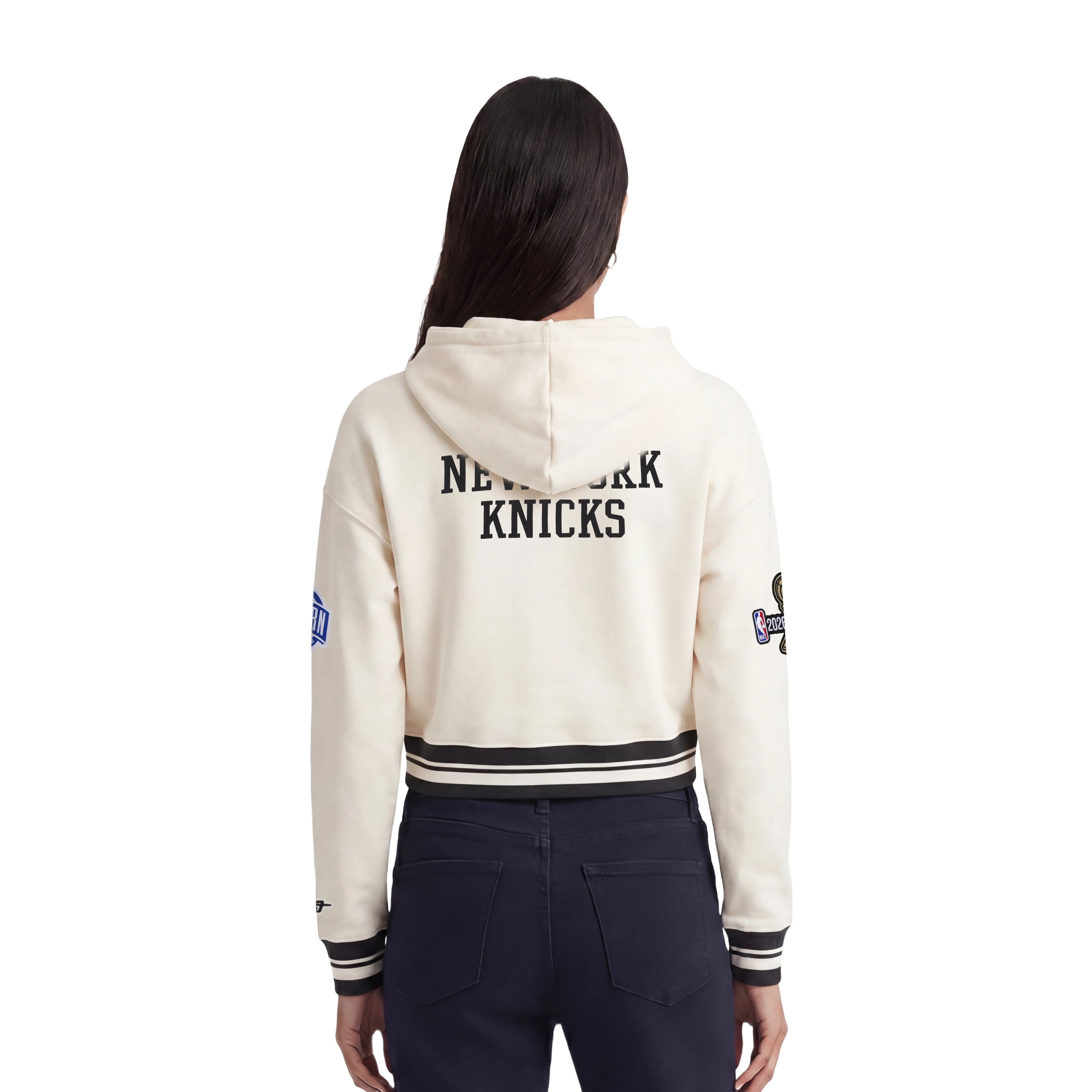 NEW YORK KNICKS 2026 NBA CHAMPIONSHIP WOMEN'S CROPPED PULLOVER HOODIE (EGGSHELL/BLACK) - Image 2