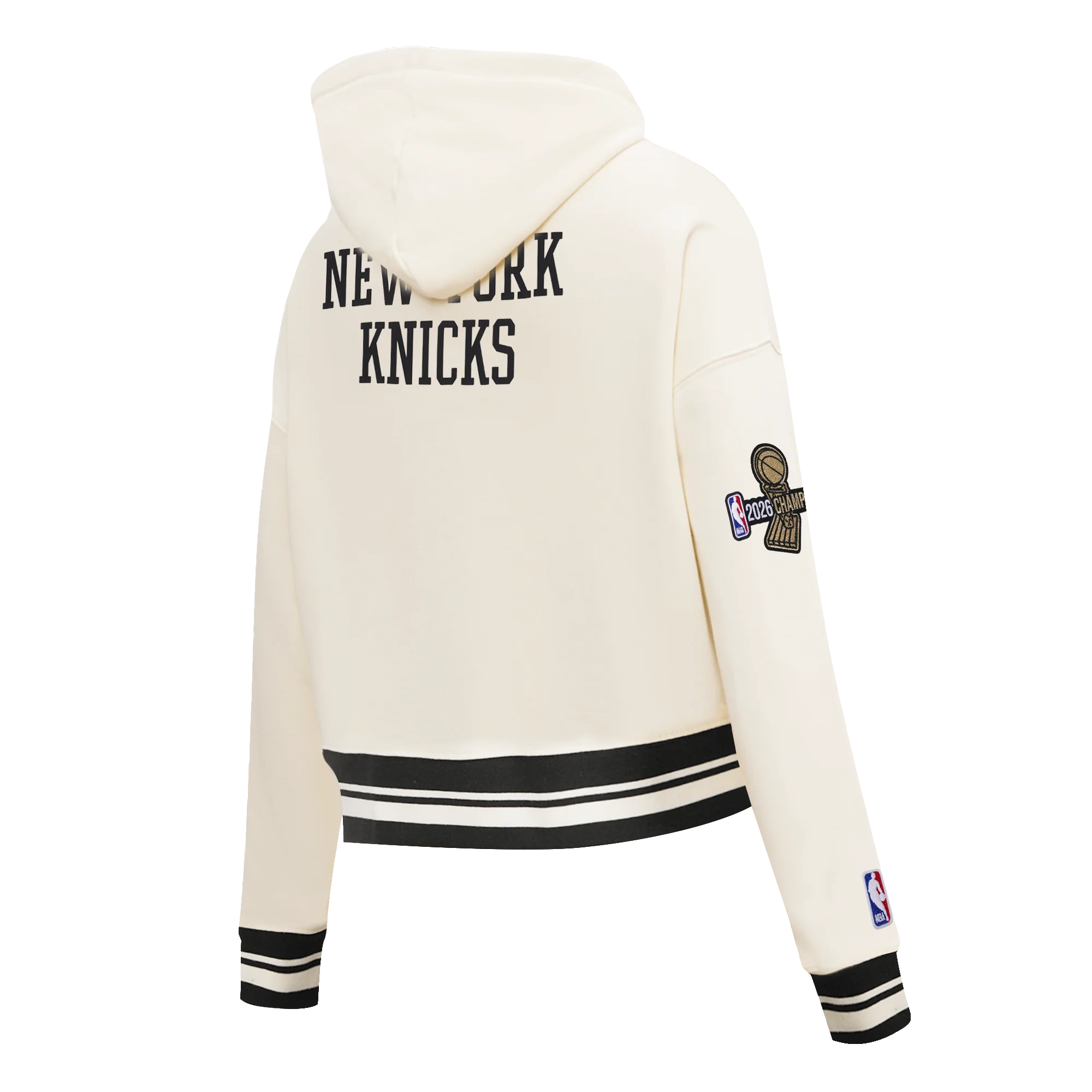 NEW YORK KNICKS 2026 NBA CHAMPIONSHIP WOMEN'S CROPPED PULLOVER HOODIE (EGGSHELL/BLACK) - Image 6