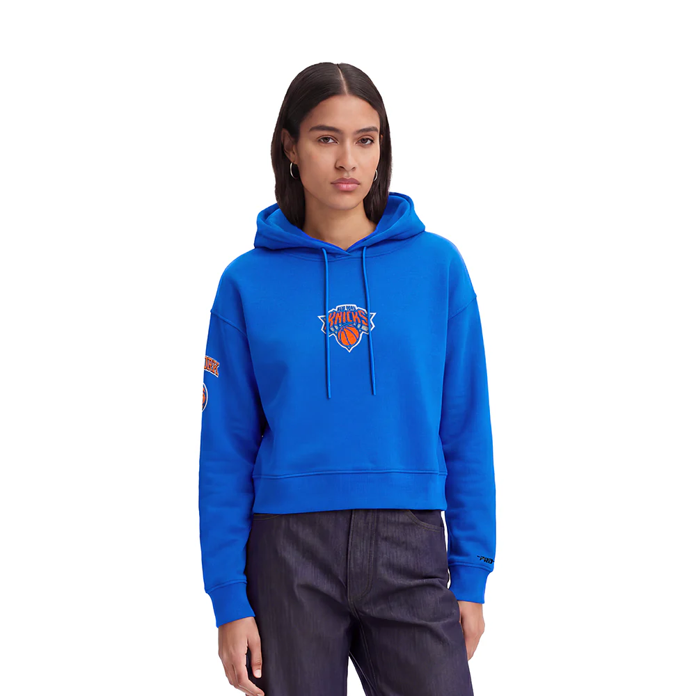 NBA NEW YORK KNICKS CLASSIC WOMEN'S CROPPED PULLOVER HOODIE (ROYAL BLUE)