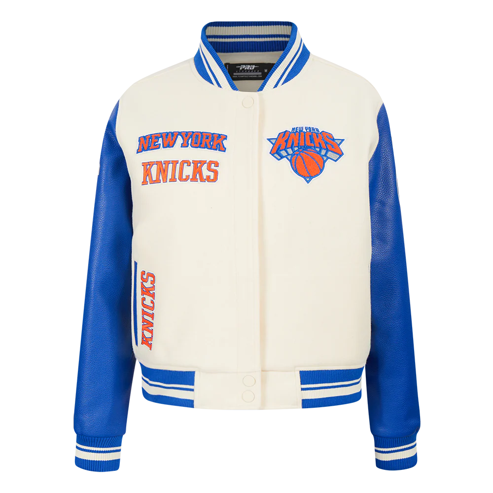NBA NEW YORK KNICKS RETRO CLASSIC WOMEN'S RIB WOOL VARSITY JACKET (EGGSHELL/ROYAL BLUE)
