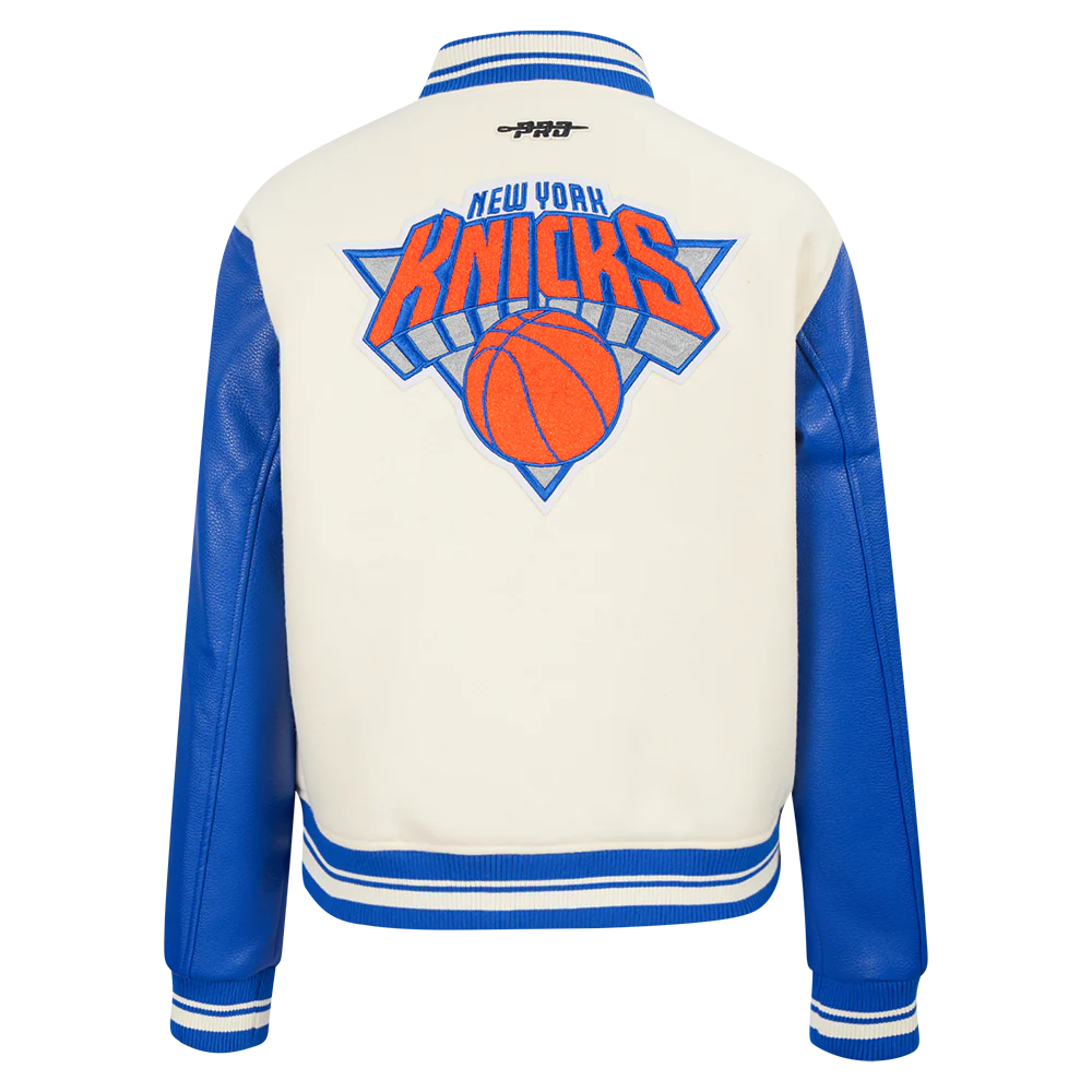 NBA NEW YORK KNICKS RETRO CLASSIC WOMEN'S RIB WOOL VARSITY JACKET (EGGSHELL/ROYAL BLUE) - Image 3