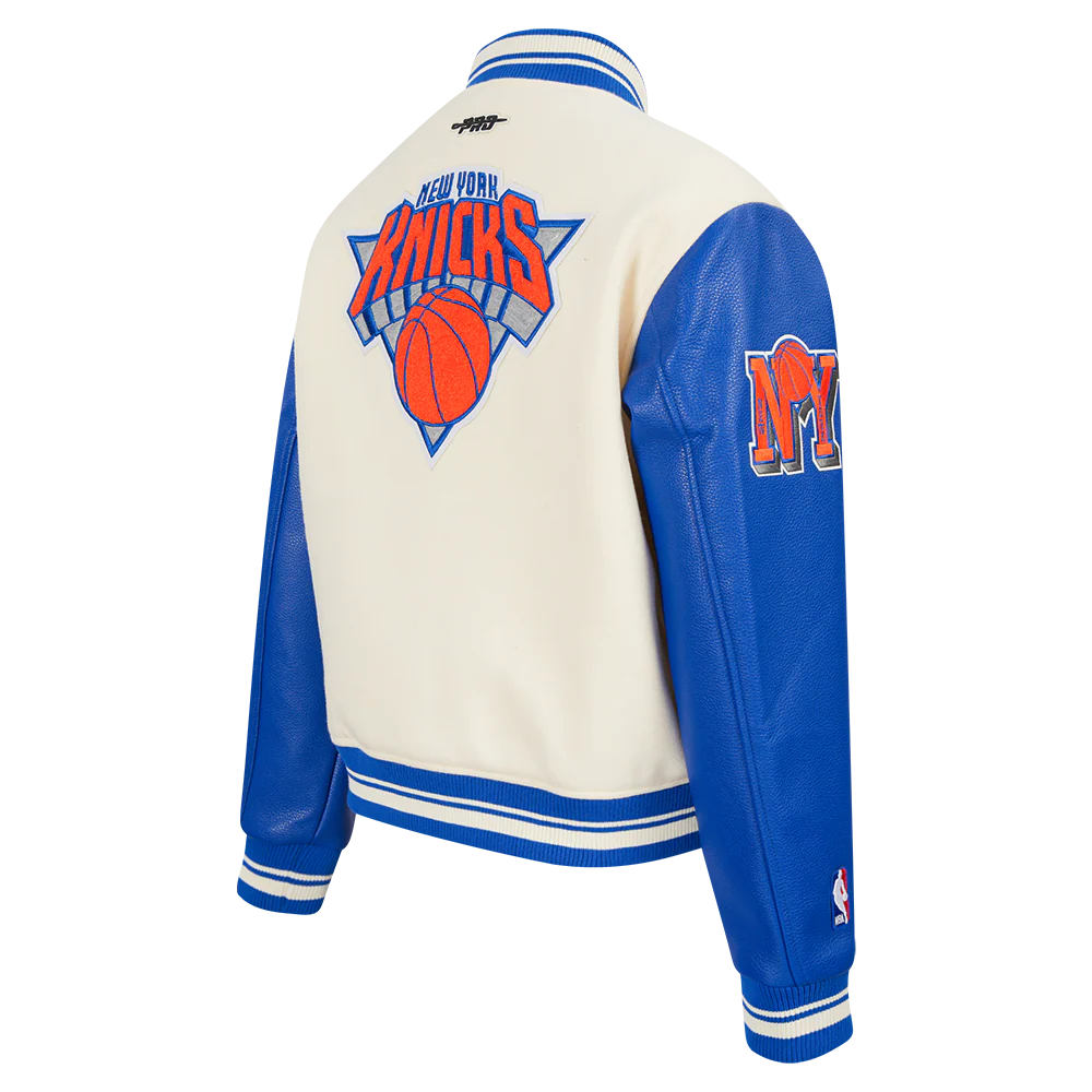 NBA NEW YORK KNICKS RETRO CLASSIC WOMEN'S RIB WOOL VARSITY JACKET (EGGSHELL/ROYAL BLUE) - Image 4