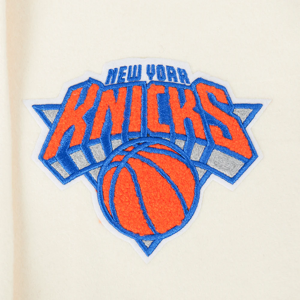 NBA NEW YORK KNICKS RETRO CLASSIC WOMEN'S RIB WOOL VARSITY JACKET (EGGSHELL/ROYAL BLUE) - Image 5