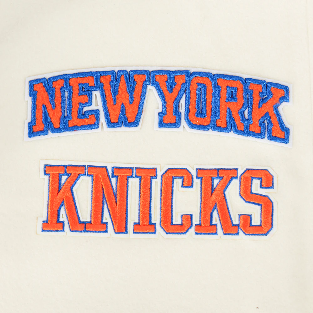 NBA NEW YORK KNICKS RETRO CLASSIC WOMEN'S RIB WOOL VARSITY JACKET (EGGSHELL/ROYAL BLUE) - Image 6