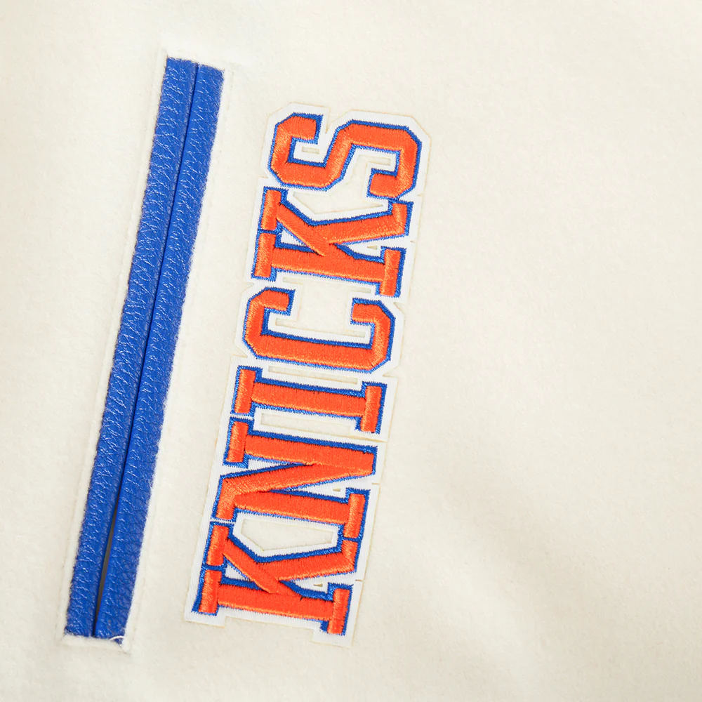NBA NEW YORK KNICKS RETRO CLASSIC WOMEN'S RIB WOOL VARSITY JACKET (EGGSHELL/ROYAL BLUE) - Image 7