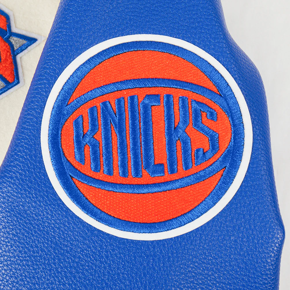 NBA NEW YORK KNICKS RETRO CLASSIC WOMEN'S RIB WOOL VARSITY JACKET (EGGSHELL/ROYAL BLUE) - Image 8