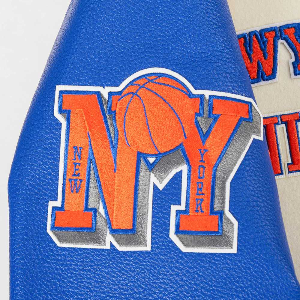 NBA NEW YORK KNICKS RETRO CLASSIC WOMEN'S RIB WOOL VARSITY JACKET (EGGSHELL/ROYAL BLUE) - Image 9