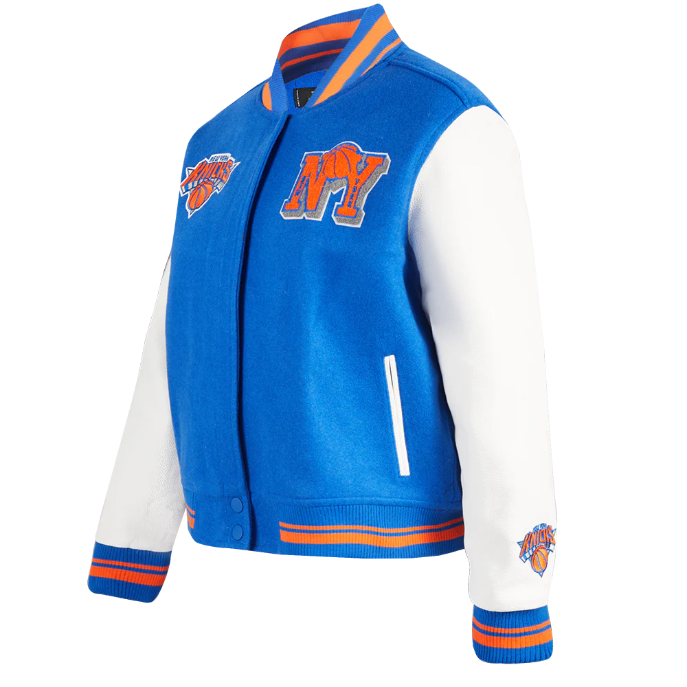 NBA NEW YORK KNICKS MASHUP WOMEN'S RIB WOOL VARSITY JACKET (ROYAL/ORANGE/ROYAL) - Image 2