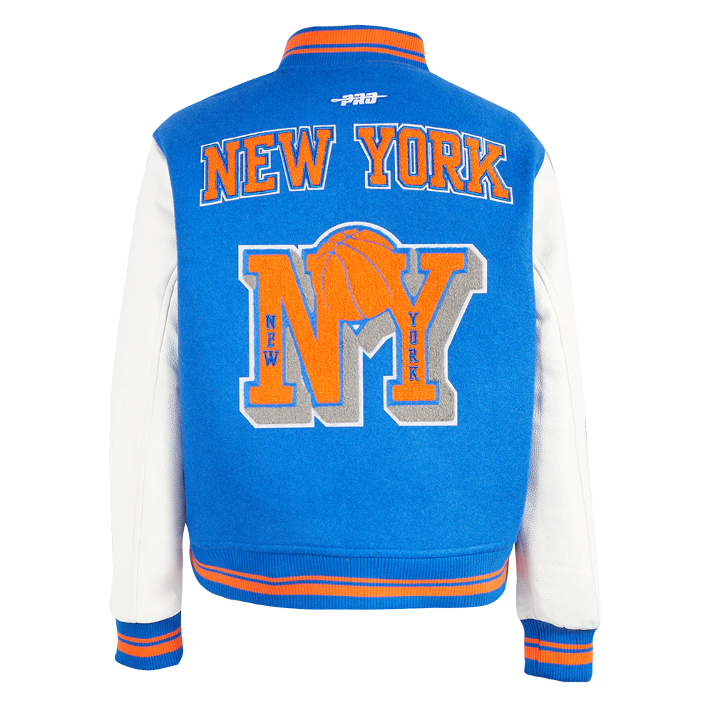 NBA NEW YORK KNICKS MASHUP WOMEN'S RIB WOOL VARSITY JACKET (ROYAL/ORANGE/ROYAL) - Image 3