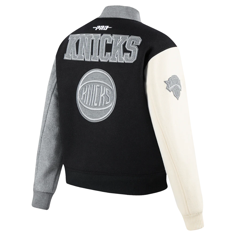 NBA NEW YORK KNICKS REVERSE FRENCH TERRY WOMEN'S WOOL VARSITY JACKET (BLACK/GRAY/EGGSHELL) - Image 4