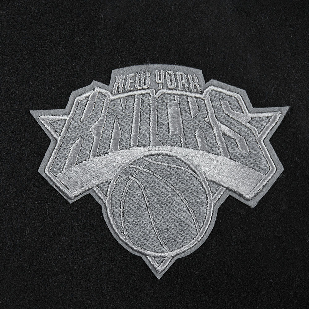 NBA NEW YORK KNICKS REVERSE FRENCH TERRY WOMEN'S WOOL VARSITY JACKET (BLACK/GRAY/EGGSHELL) - Image 6