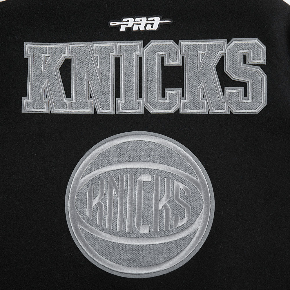 NBA NEW YORK KNICKS REVERSE FRENCH TERRY WOMEN'S WOOL VARSITY JACKET (BLACK/GRAY/EGGSHELL) - Image 7
