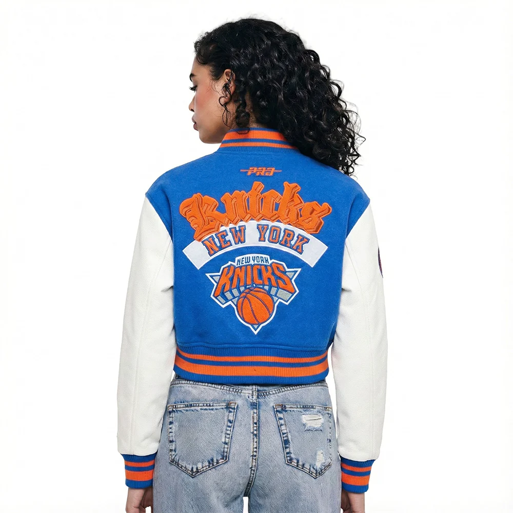 NBA NEW YORK KNICKS BEST OF WOMEN'S CROPPED RIB WOOL VARSITY JACKET (ROYAL/ORANGE/ROYAL)
