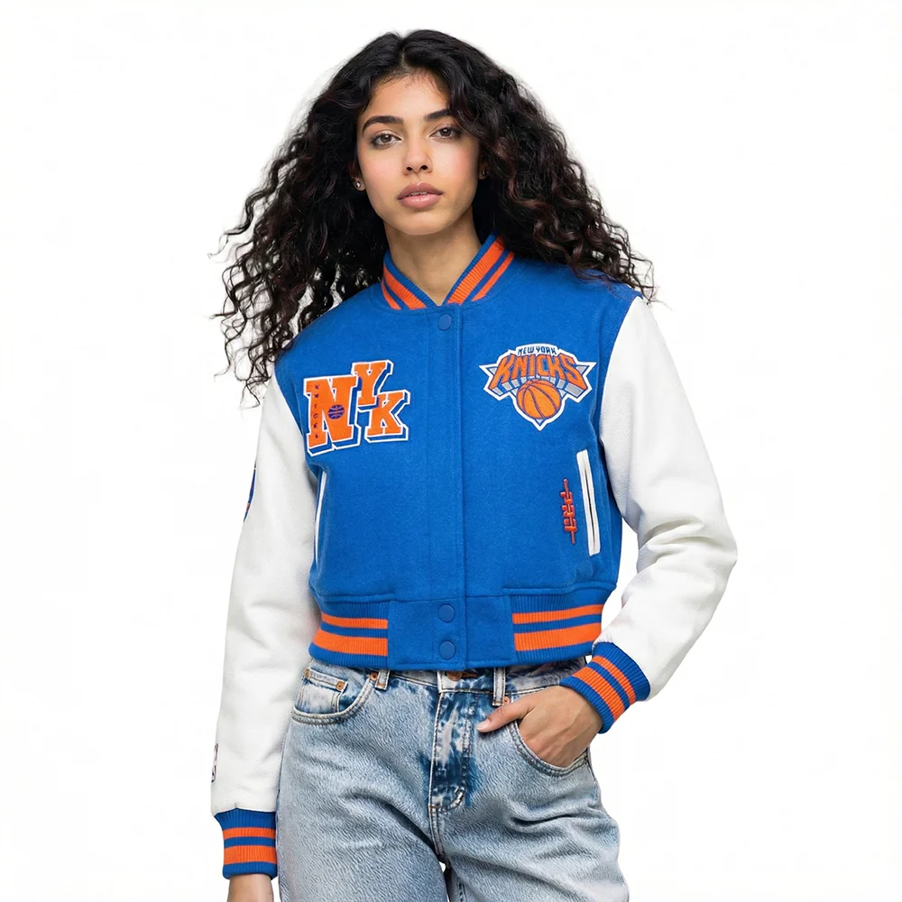 NBA NEW YORK KNICKS BEST OF WOMEN'S CROPPED RIB WOOL VARSITY JACKET (ROYAL/ORANGE/ROYAL) - Image 2