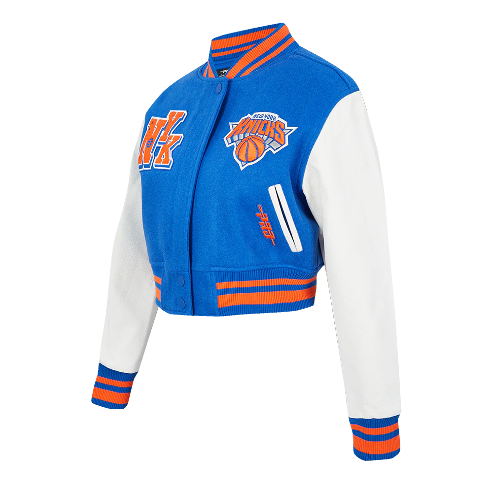 NBA NEW YORK KNICKS BEST OF WOMEN'S CROPPED RIB WOOL VARSITY JACKET (ROYAL/ORANGE/ROYAL) - Image 5