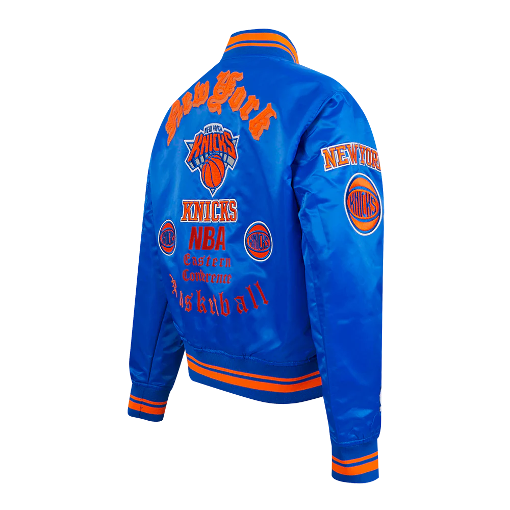 NBA NEW YORK KNICKS OLD ENGLISH WOMEN'S RIB SATIN JACKET (ROYAL/ORANGE/ROYAL) - Image 4