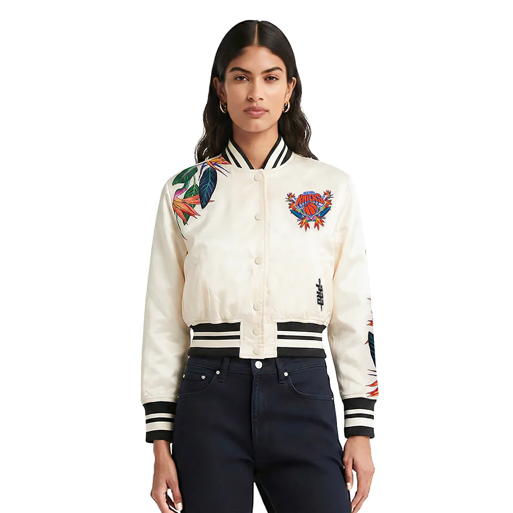 NBA NEW YORK KNICKS PARADISE WOMEN'S SATIN JACKET (EGGSHELL/ BLACK)