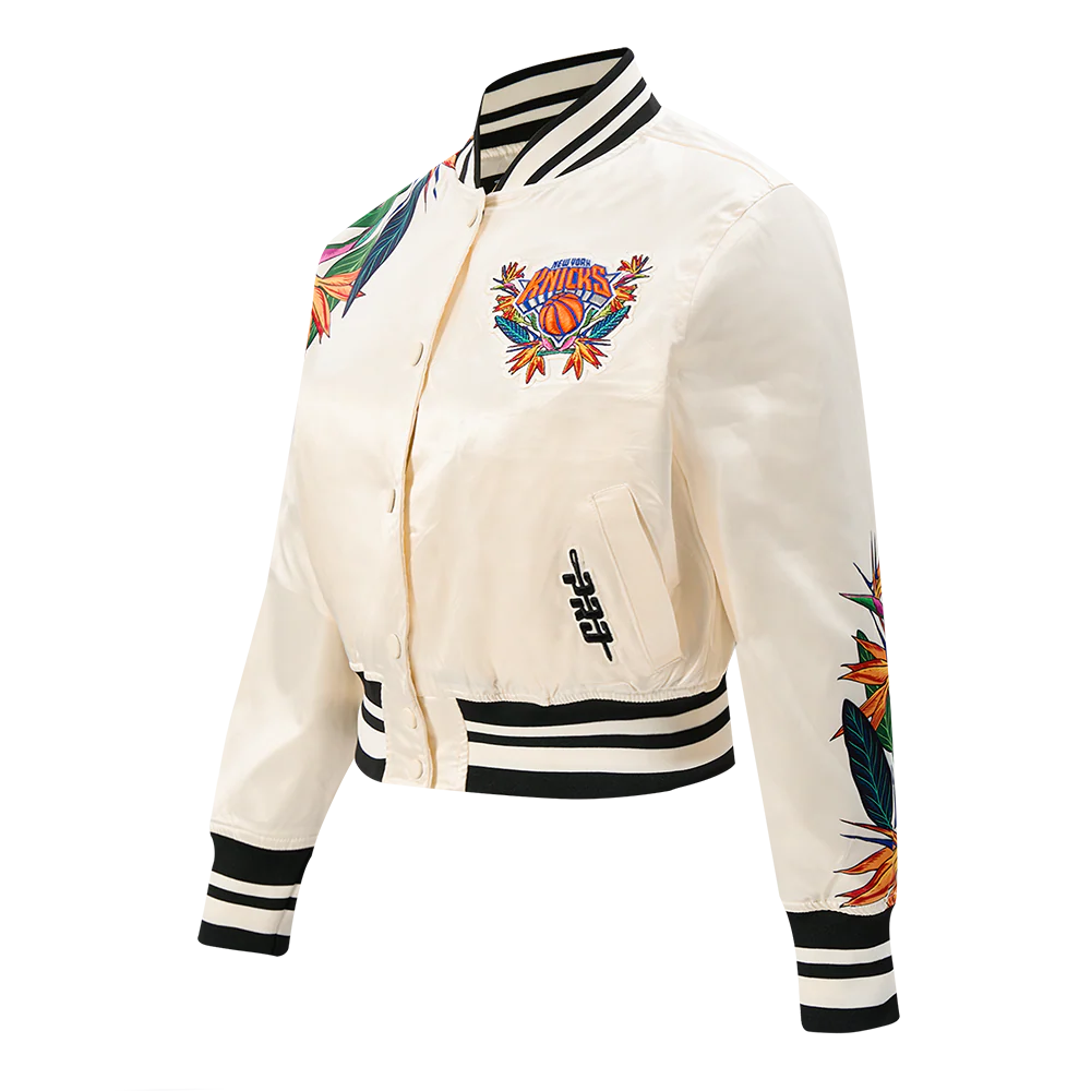 NBA NEW YORK KNICKS PARADISE WOMEN'S SATIN JACKET (EGGSHELL/ BLACK) - Image 3