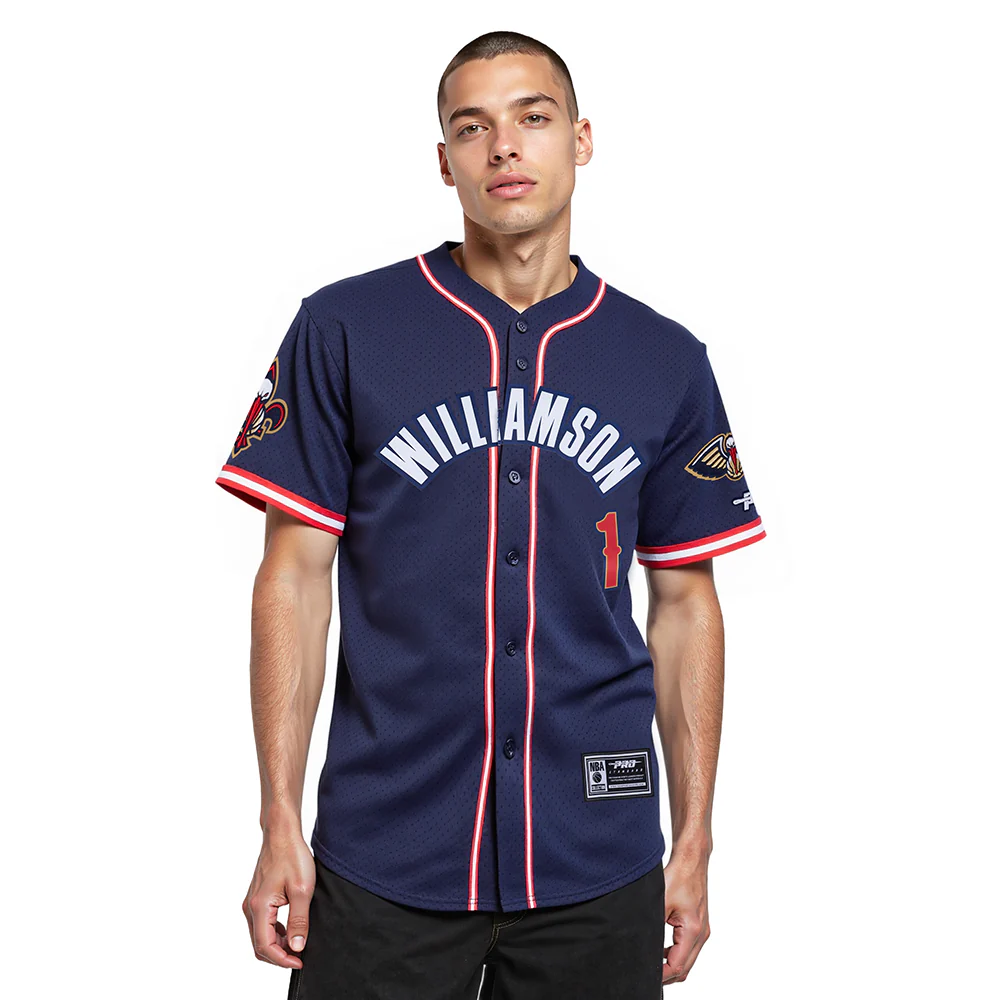 NBA NEW ORLEANS PELICANS ZION WILLIAMSON #1 CLASSIC MESH PNN MEN'S MESH BUTTON DOWN SHIRT (MIDNIGHT NAVY/RED)