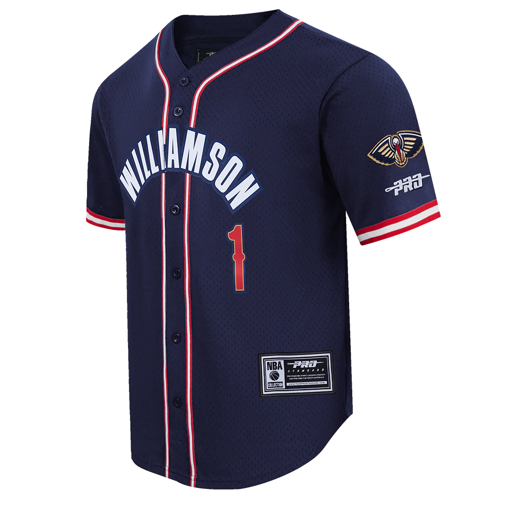 NBA NEW ORLEANS PELICANS ZION WILLIAMSON #1 CLASSIC MESH PNN MEN'S MESH BUTTON DOWN SHIRT (MIDNIGHT NAVY/RED) - Image 3