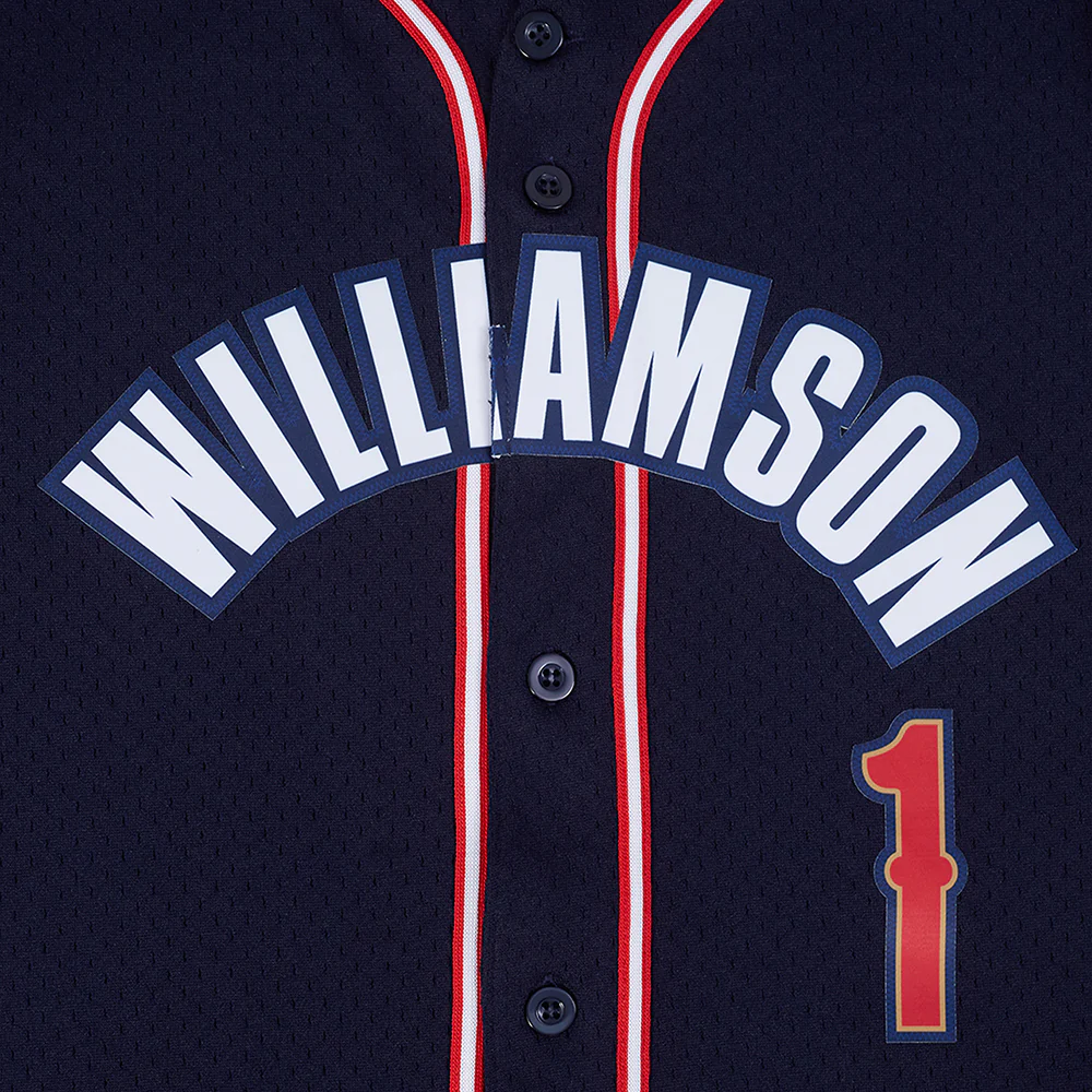 NBA NEW ORLEANS PELICANS ZION WILLIAMSON #1 CLASSIC MESH PNN MEN'S MESH BUTTON DOWN SHIRT (MIDNIGHT NAVY/RED) - Image 5