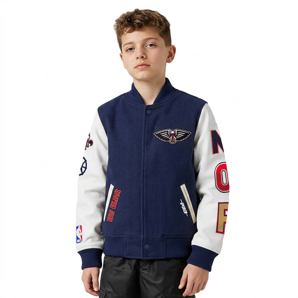 NBA NEW ORLEANS PELICANS CLASSIC BIG BOYS WOOL VARSITY JACKET (MIDNIGHT NAVY/WHITE)