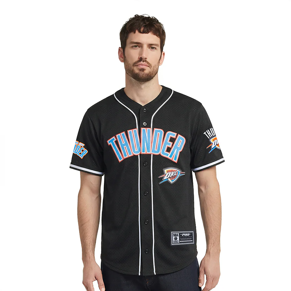 NBA OKLAHOMA CITY THUNDER CLASSIC MESH MEN'S BUTTON DOWN SHIRT (BLACK) - Image 2