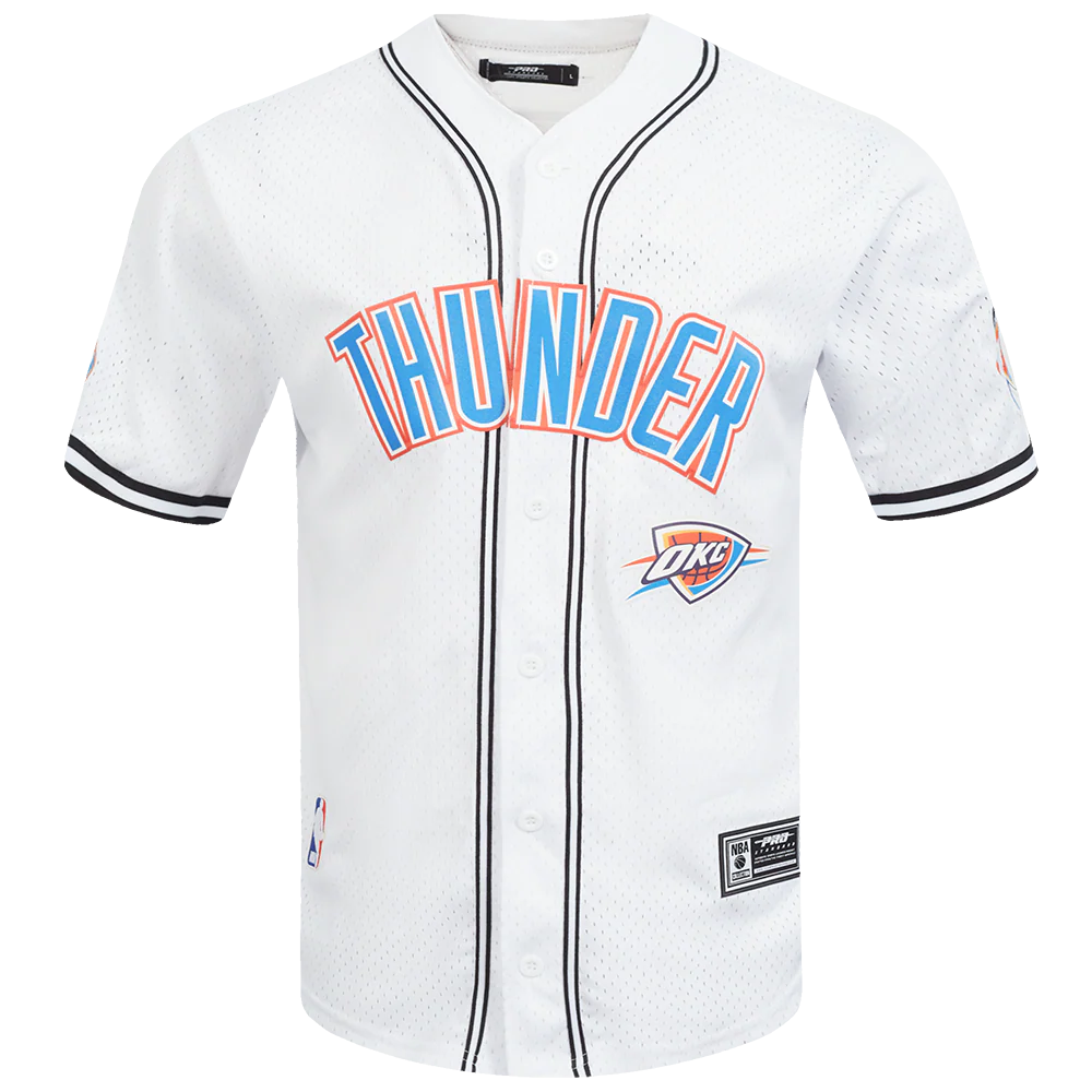 NBA OKLAHOMA CITY THUNDER CLASSIC MESH MEN'S BUTTON DOWN SHIRT (WHITE/BLACK/WHITE)