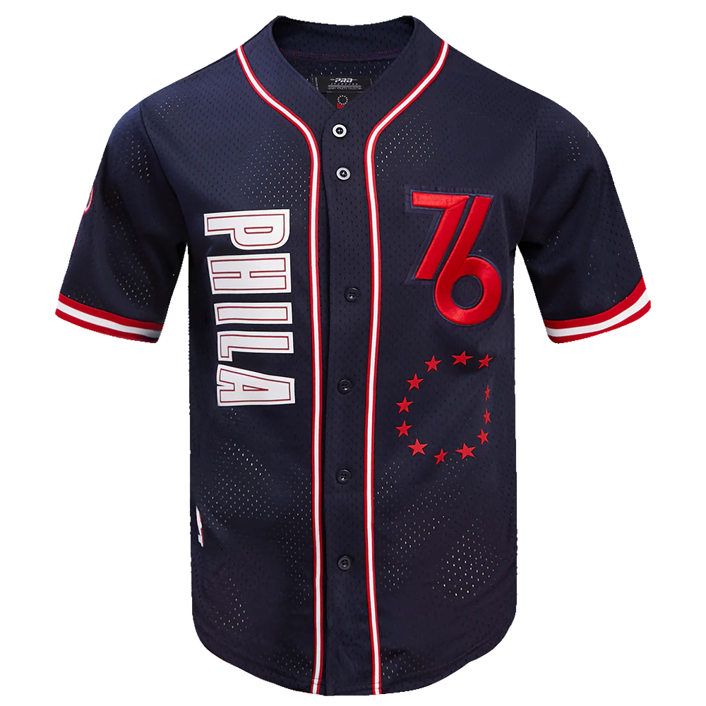 NBA PHILADELPHIA 76ERS CHEST CITY OF BROTHERLY LOVE MEN'S MESH BUTTON DOW (MIDNIGHT NAVY/RED)