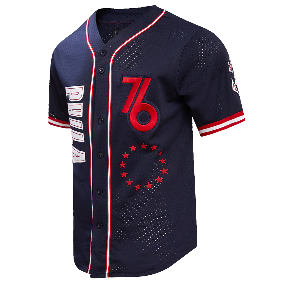 NBA PHILADELPHIA 76ERS CHEST CITY OF BROTHERLY LOVE MEN'S MESH BUTTON DOW (MIDNIGHT NAVY/RED) - Image 2