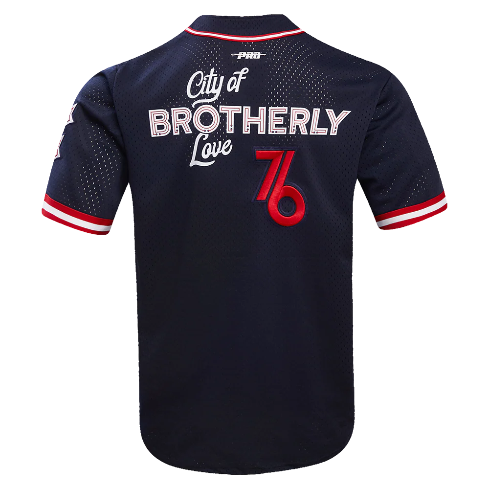 NBA PHILADELPHIA 76ERS CHEST CITY OF BROTHERLY LOVE MEN'S MESH BUTTON DOW (MIDNIGHT NAVY/RED) - Image 3