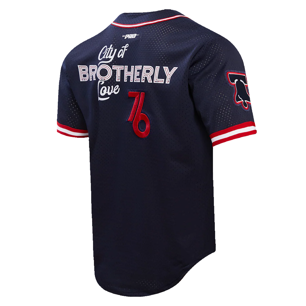 NBA PHILADELPHIA 76ERS CHEST CITY OF BROTHERLY LOVE MEN'S MESH BUTTON DOW (MIDNIGHT NAVY/RED) - Image 4