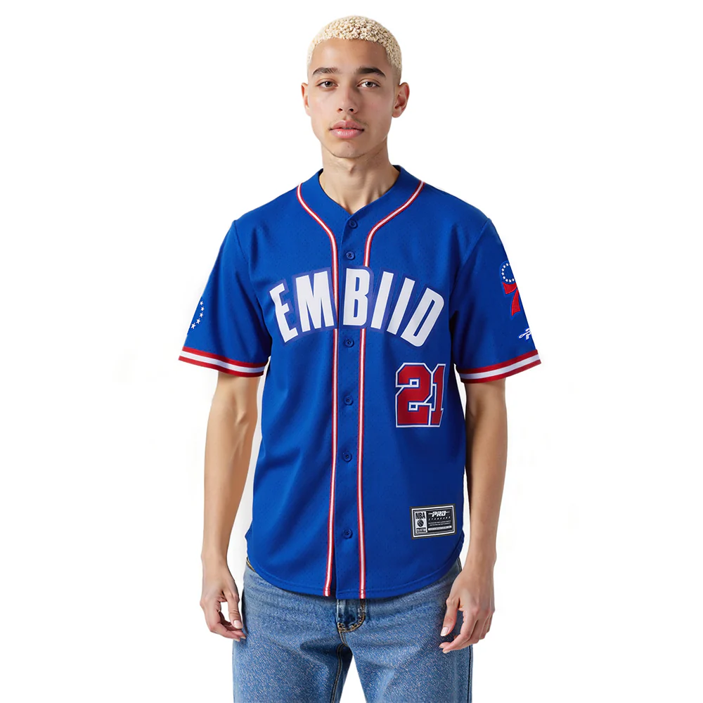 NBA PHILADELPHIA 76ERS JOEL EMBIID #21 CLASSIC MESH PNN MEN'S MESH BUTTON DOWN SHIRT (ROYAL BLUE/RED)