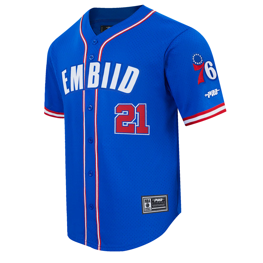 NBA PHILADELPHIA 76ERS JOEL EMBIID #21 CLASSIC MESH PNN MEN'S MESH BUTTON DOWN SHIRT (ROYAL BLUE/RED) - Image 3