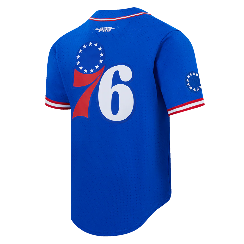 NBA PHILADELPHIA 76ERS JOEL EMBIID #21 CLASSIC MESH PNN MEN'S MESH BUTTON DOWN SHIRT (ROYAL BLUE/RED) - Image 4