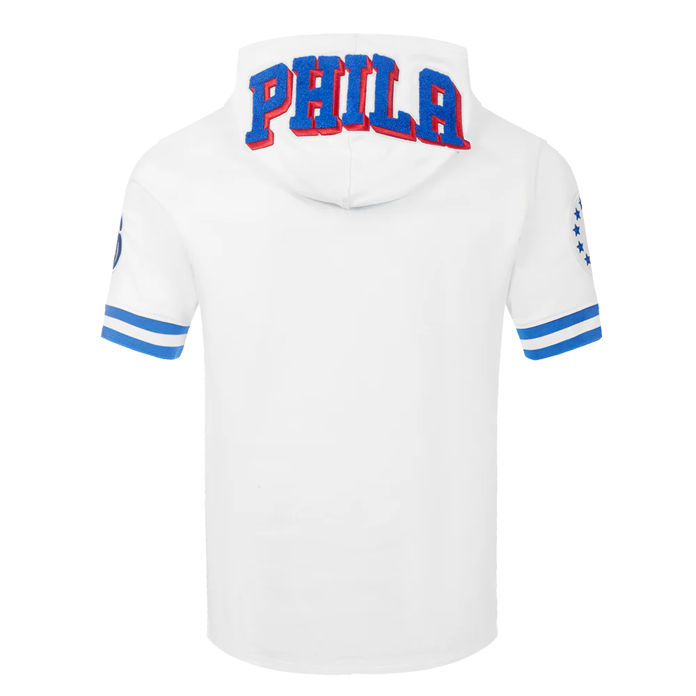 NBA PHILADELPHIA 76ERS CLASSIC CHENILLE MEN'S SHORT SLEEVE PULLOVER HOODIE (WHITE/ROYAL BLUE) - Image 3