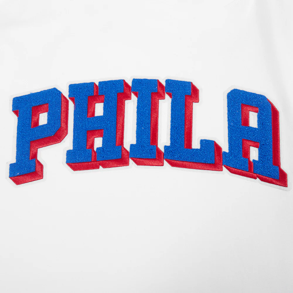 NBA PHILADELPHIA 76ERS CLASSIC CHENILLE MEN'S SHORT SLEEVE PULLOVER HOODIE (WHITE/ROYAL BLUE) - Image 5