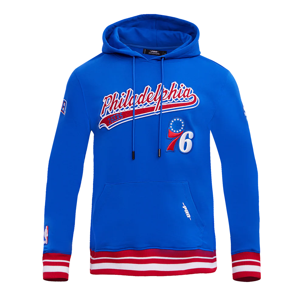 NBA PHILADELPHIA 76ers SCRIPT TAIL MEN'S RIB FLEECE PULLOVER HOODIE (ROYAL BLUE/RED)