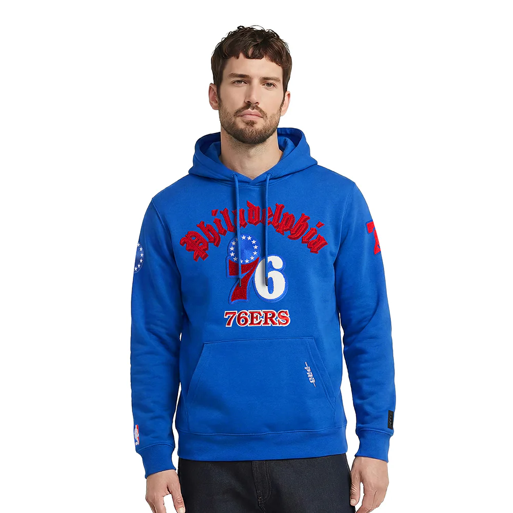 NBA PHILADELPHIA 76ERS OLD ENGLISH MEN'S PULLOVER HOODIE (ROYAL BLUE)