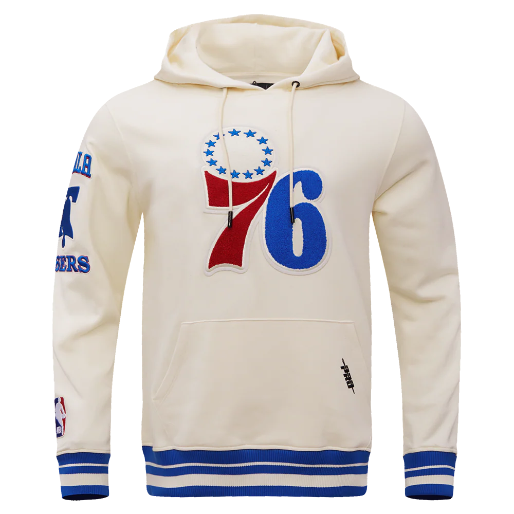 NBA PHILADELPHIA 76ERS RETRO CLASSIC MEN'S PULLOVER HOODIE (EGGSHELL/ ROYAL BLUE)