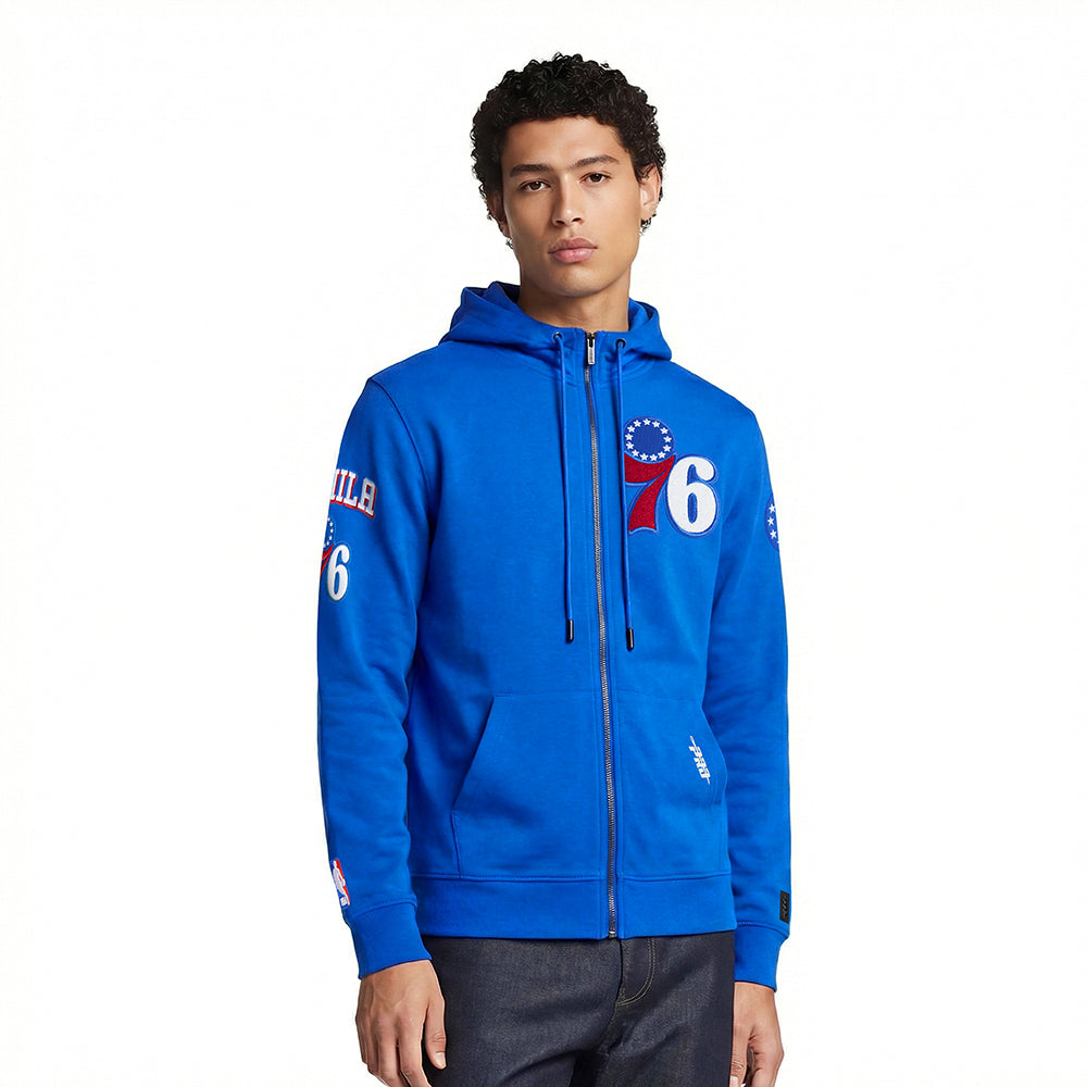 NBA PHILADELPHIA 76ERS CLASSIC CHENILLE MEN'S FULL ZIP PULLOVER HOODIE (ROYAL BLUE)