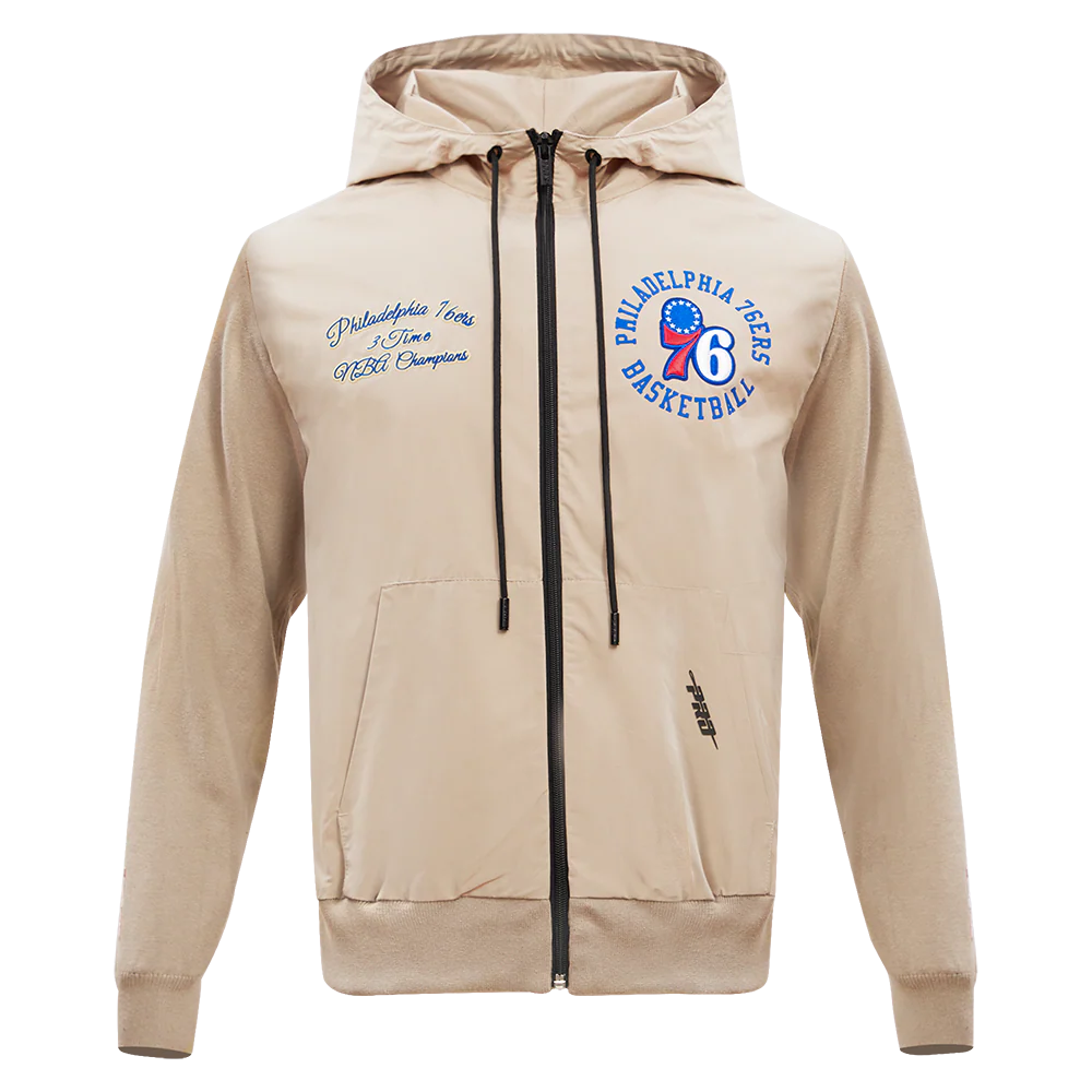 NBA PHILADELPHIA 76ERS HYBRID WOVEN MEN'S FULL ZIP PULLOVER HOODIE (KHAKI)