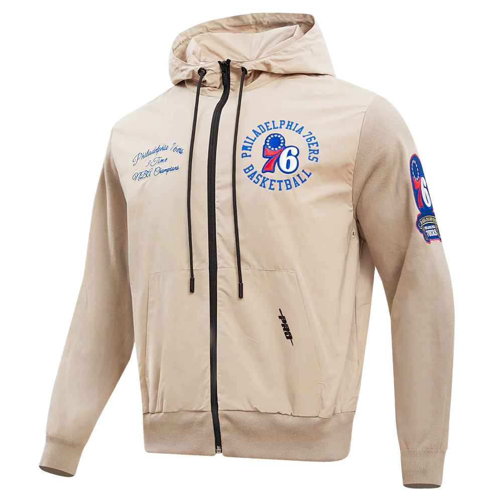 NBA PHILADELPHIA 76ERS HYBRID WOVEN MEN'S FULL ZIP PULLOVER HOODIE (KHAKI) - Image 2