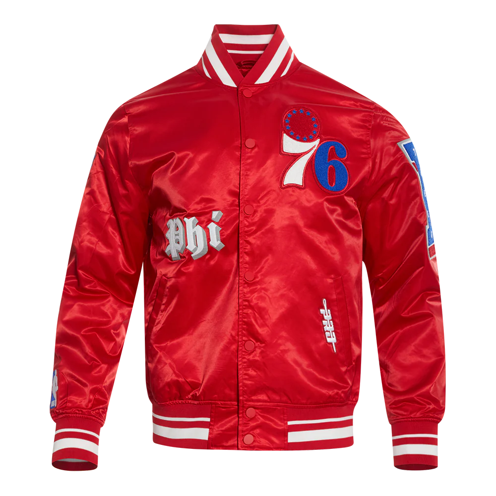 NBA PHILADELPHIA 76ERS OLD ENGLISH MEN'S RIB SATIN JACKET (RED)