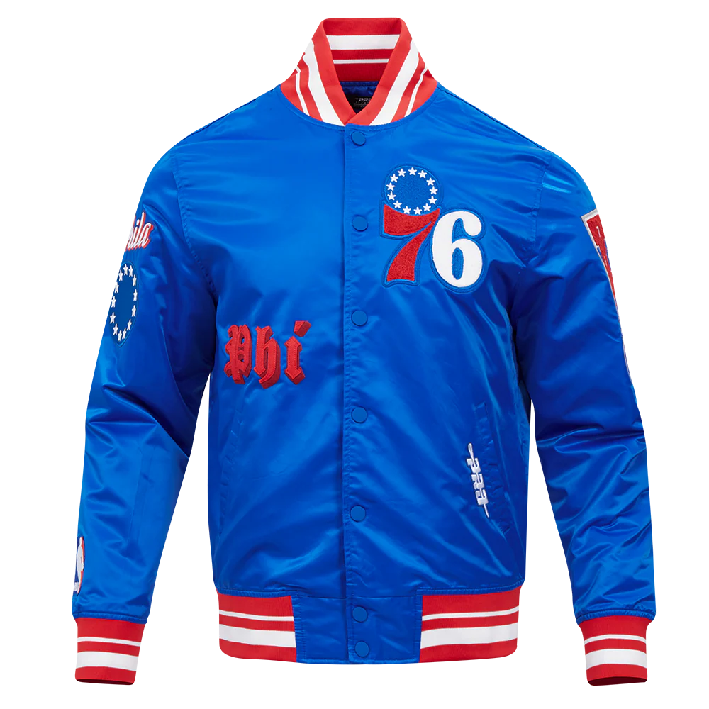 NBA PHILADELPHIA 76ERS OLD ENGLISH MEN'S RIB SATIN JACKET (ROYAL BLUE/RED)